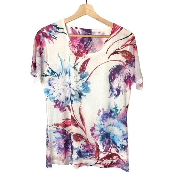 Essentials by Sioni White & Blue Floral Scoop Neck Short Sleeve Top S - Picture 1 of 3
